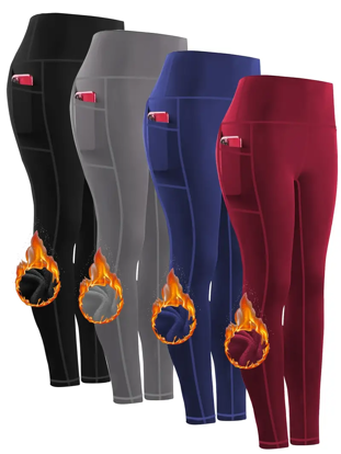 Picture of 4-Pack Women'S High-Waisted Fleece-Lined Compression Leggings - Thickened, Long Sports Pants for Fitness, Running, Yoga - Knit Polyester, Solid Color, All-Season, Non-Waterproof, No Belt - Tummy Control, Butt Lift with Pockets