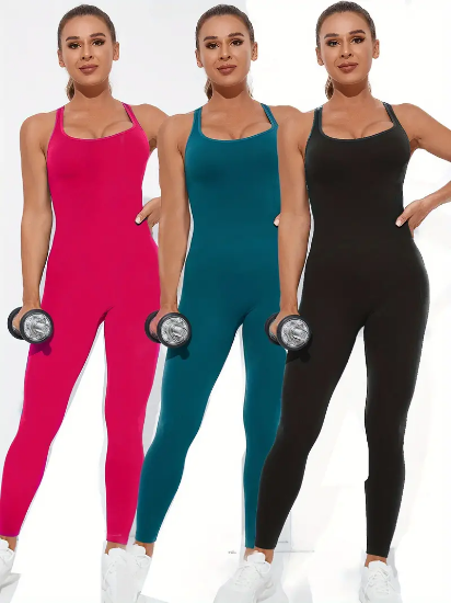 Picture of 3-Pack Seamless Women's Jumpsuits, Sporty Criss-Cross Back, Full-Length Bodysuits, Assorted Colors, Comfortable Athletic Wear